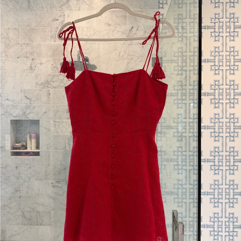 Alice + Olivia Red Eyelet Tie-Shoulder Mini Dress